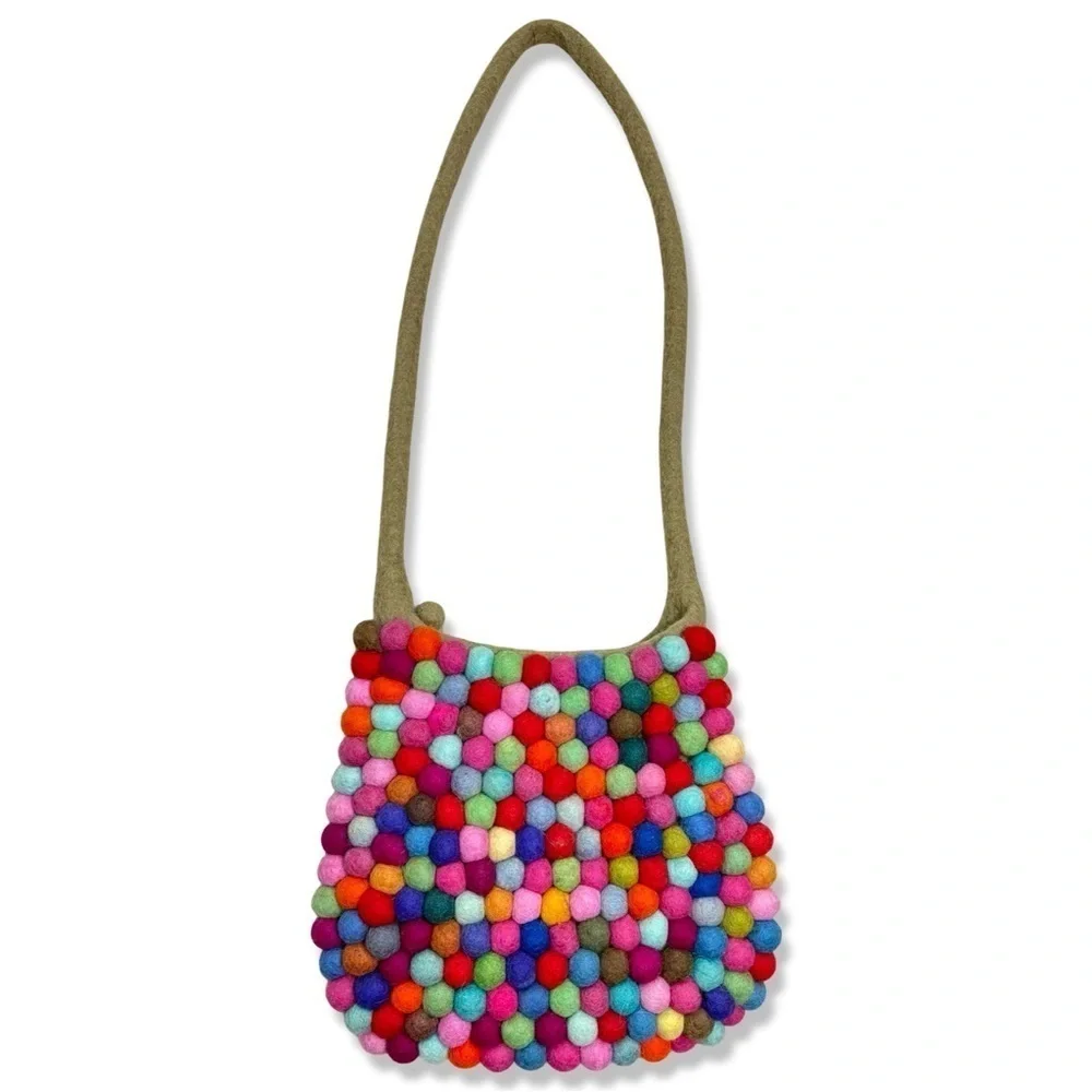 HANDMADE The Collection Royal Multi Color Felt Balls Rainbow Tote Shoulder Bag